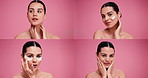 Woman, face and collage with skin cream in studio, happy and beauty with eye pad on pink background. Girl, makeup and cosmetics product with touch, natural glow and anti aging with smile in Greece