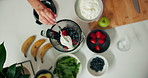 Smoothie, health and blender with woman in kitchen for collagen powder, detox drink and sequence. Wellness, nutrition and protein shake with person in home for fruit, diet and vitamin c benefits