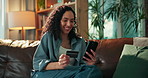 Home, credit card and woman on sofa, smartphone and online shopping with transactions. Apartment, cellphone and person on couch, banking and ecommerce with purchase, payment and password for sales