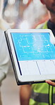 Hands, people and tablet screen with blueprint for warehouse design, floor plan and expansion. Person, meeting and explaining sketch of factory layout, planning renovation and maintenance information