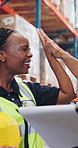 Happy woman, contractor and high five with checklist in storage for team success or logistics. Excited, female person or distributor with smile or touch for inventory or stock management in depot