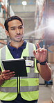 Logistics, man or counting inventory with tablet for stock records, distribution or quality control. Shipping, inspector and digital checklist in warehouse for supply chain, cargo inspection or flare