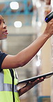 Supply chain, scanner and black woman in warehouse, tablet and checklist for inventory. African person, factory and employee with tech, quality control and logistics with pricing parcel or inspection