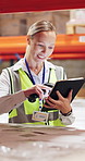 Distribution, scanner and woman in warehouse, tablet and checklist for inventory. Person, factory and employee with tech, quality control and logistics with supply chain, pricing parcel and stock