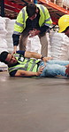 People, distribution and man with injury, accident and export with emergency, retail and safety. Logistics, import and employees in warehouse, fall and fail with pain, delivery and supply chain