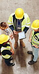People, team and meeting with tablet at warehouse for planning, supply chain and logistics. Above, staff and screen with discussion, storage inspection and courier checklist for distribution solution