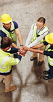 Hands together, team and shipping with people in warehouse for logistics success, celebration and support. Supply chain achievement, applause and above of employees in factory for export distribution