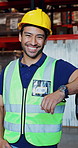 Man, face and smile with shipping in warehouse for stock, delivery or inspection. Distribution officer, portrait and supply chain with employee in commercial plant for transport backlog or service