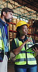 Warehouse, team and people with tablet for shipping, inventory and discussion. Technology, logistics and engineer with collaboration for planning with supply chain, stock or pointing for inspection