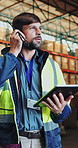 Radio, man and shipping with tablet in warehouse for communication, delivery or inspection. Distribution officer, logistics or supply chain with commercial plant for transport backlog or service