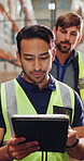 Man, team and meeting with tablet at warehouse for planning, supply chain and logistics. People, staff and listening to discussion, storage inspection and courier checklist with distribution solution