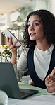 Phone call, speaker and woman with laptop, office and consultation for financial advice and service. Business, investment advisor and person with mobile for communication, networking or opportunity