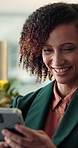 Business woman, smile and phone with typing, social media and message for contact. Person, employee and financial advisor with smartphone, email notification and mobile app for texting communication