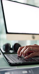 Business, hands and woman with laptop, typing and creativity with deadline. Closeup, screen and journalist with computer, mockup space and research for news report, email and feedback for article