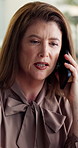 Phone call, woman and talking to contact, office and consultation for financial advice and services. Business, investment advisor and mature person with mobile for communication, offer or opportunity
