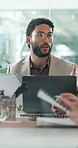 Boardroom, presentation and man with laptop, talking or financial analyst with document for proposal. Business, bookkeeper and people with paperwork for discussion, meeting and colleagues with tech