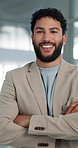 Face, smile and business man with arms folded as insurance broker with pride. Portrait, confidence and happy worker in office as risk advisor, coverage consultant and corporate professional in UAE