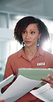 Doctor, documents and woman with tablet in discussion for surgery funding, action plan or strategy. Healthcare team, people and digital app in hospital for clinic management, staff workflow and flare