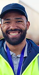 Smile, logistics and face of man outdoor with confidence for distribution service with career. Laugh, supply chain and portrait of male industry worker from Mexico with pride for operation management