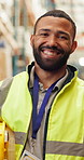 Happy, logistics and face of man in warehouse for industry, shipping or inventory for freight. Supply chain, smile and portrait of male industrial worker with confidence for delivery at storage.