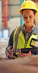 Scanner, tablet and woman in warehouse, logistics and inspection with quality control. Person, shipping and employee with tech, inventory check and distribution with factory worker and pricing parcel