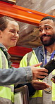 Happy, smartphone and people in warehouse, supply chain and conversation with social media. Employees, cellphone and man with woman, communication and email with smile, distribution and laughing