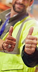 Thumbs up, logistics and hands of people in warehouse for partnership, success or collaboration. Supply chain, agreement and team of distribution employees with approval hand gesture in factory.