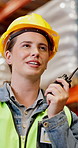 Hardhat, radio and storage with woman in warehouse for distribution, inventory or shipping. Communication, helmet and logistics with supply chain manager in factory for ecommerce delivery service