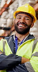 Laugh, logistics and face of man in warehouse for industry, shipping or inventory for freight. Supply chain, crossed arms and portrait of industrial worker with confidence for delivery at storage.