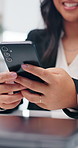 Hands, phone and business woman in office for social media, online contact and connection on break. Professional, corporate and person on smartphone for typing message, internet and scroll website