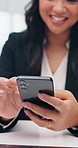 Typing, phone and hands of business woman in office for social media, online text and contact on break. Professional, corporate and happy person on smartphone for message, internet and scroll website