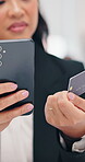 Hands, business woman and phone with credit card for online shopping, incentive purchase or fintech. Ecommerce, person or banking app with info for password, checkout security or website verification