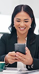 Happy, phone and business woman in office for social media, online contact and connection on break. Professional, corporate and person on smartphone for typing message, internet and scroll website