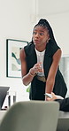 Business, presentation and woman in meeting, feedback and financial agency with company mission. Employees, speaker and person with conversation, review revenue and investment deal with planning