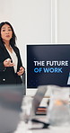 Monitor, presentation and workshop with business woman in boardroom for the future of work. Coaching, development and display with employee speaking in office for innovation or project management
