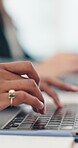Office, employee and hands with laptop, typing and data entry of digital reports and administration. Corporate, administrator and person with tech for memo, planning and schedule on web in business
