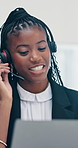 Consulting, headset and laptop with black woman in call center for financial advice or assistance. Computer, customer service and finance with African bank employee in office for communication