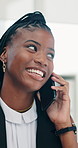 Business, phone call and black woman in office, smile and lawyer with communication. African person, legal case or attorney with cellphone, conversation or schedule with law firm, feedback or contact