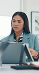 Business, documents and woman in meeting, planning and conversation for budget report. Accounting, financial agency and person in office, pc and paperwork for investment deal and funding proposal