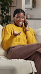 Smile, black woman and talk with phone call at house for discussion, funny joke and catch up. Happy, female person and laughing with mobile for conversation, gossip news and chat online with contact