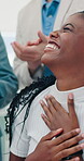 Applause, congratulations and laughing with business woman in office for achievement or deal. Bonus, goals or success with group of funny people clapping in workplace for celebration of milestone