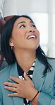 Applause, congratulations and thank you with business woman in office for achievement or deal. Bonus, goals or target with group of excited people clapping in workplace for celebration of milestone