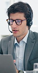 Headset, laptop and service with man in call center for financial advice or virtual assistance. Computer, customer support and finance with bank employee in office for communication or consulting
