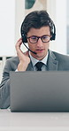 Consulting, headset and laptop with man in call center for financial advice or virtual assistance. Computer, customer service and finance with bank employee in office for communication or help