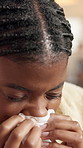 Sick, tissue and woman with blanket for cold with respiratory infection, fever and illness recovery. Disease, fatigue and black person with runny nose in home for influenza, congestion and flu virus