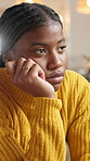 Thinking, African woman and stress at house for depression, psychology grief and trauma reflection. Female person, thoughts and mental health with negative memory, broken heart and loneliness worry
