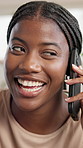 Black woman, phone call and laugh with joke in home, listen and comic discussion on mobile network. African person, smartphone and smile with funny story, chat and gossip with memory at apartment