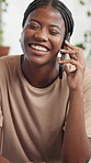 Black woman, phone call and laugh with chat in home, listen and funny talk with mobile network. African person, smartphone and smile with comic discussion, joke or gossip with memory at apartment