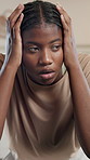 Depressed, student and woman in home, thinking or unhappy with bad grades, anxiety or mental health. House, reflection and black person with stress for funding rejection, frustrated and exam fail