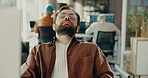 Business, man and stretching with computer in office for muscle relief, software update and coding. Tired, programmer and pc for web development, reading script and work pressure of testing procedure